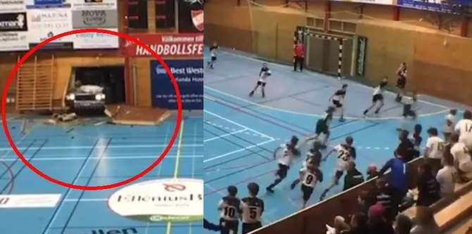 Ужасные моменты матча молодежных команд в Швеции — автомобиль пробил стену и выехал на игровую площадку (ВИДЕО)