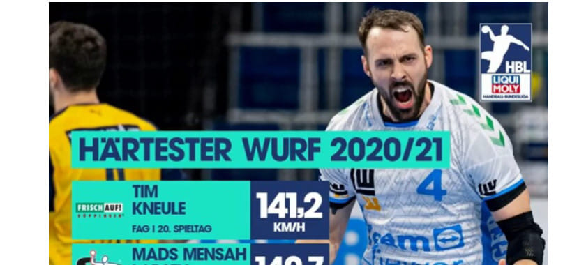 Бундеслига. Мяч после броска Тима Кнойле из "Геппингена" в матче с "Райн Левен" развил скорость 141,2 км/ч. Это рекорд сезона